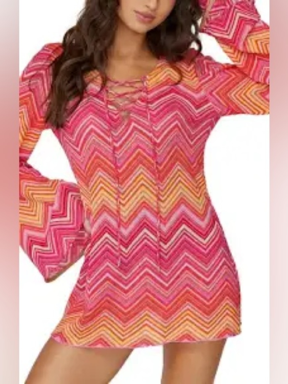 PQ Swim Noah Metallic Long Sleeve Cover-Up Tunic neck tasseled drawstring M/L